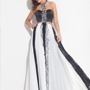 NWT RACHEL ALLAN SZ 8 BLACK WHITE BEADED CUTOUT FORMAL EVENING GOWN